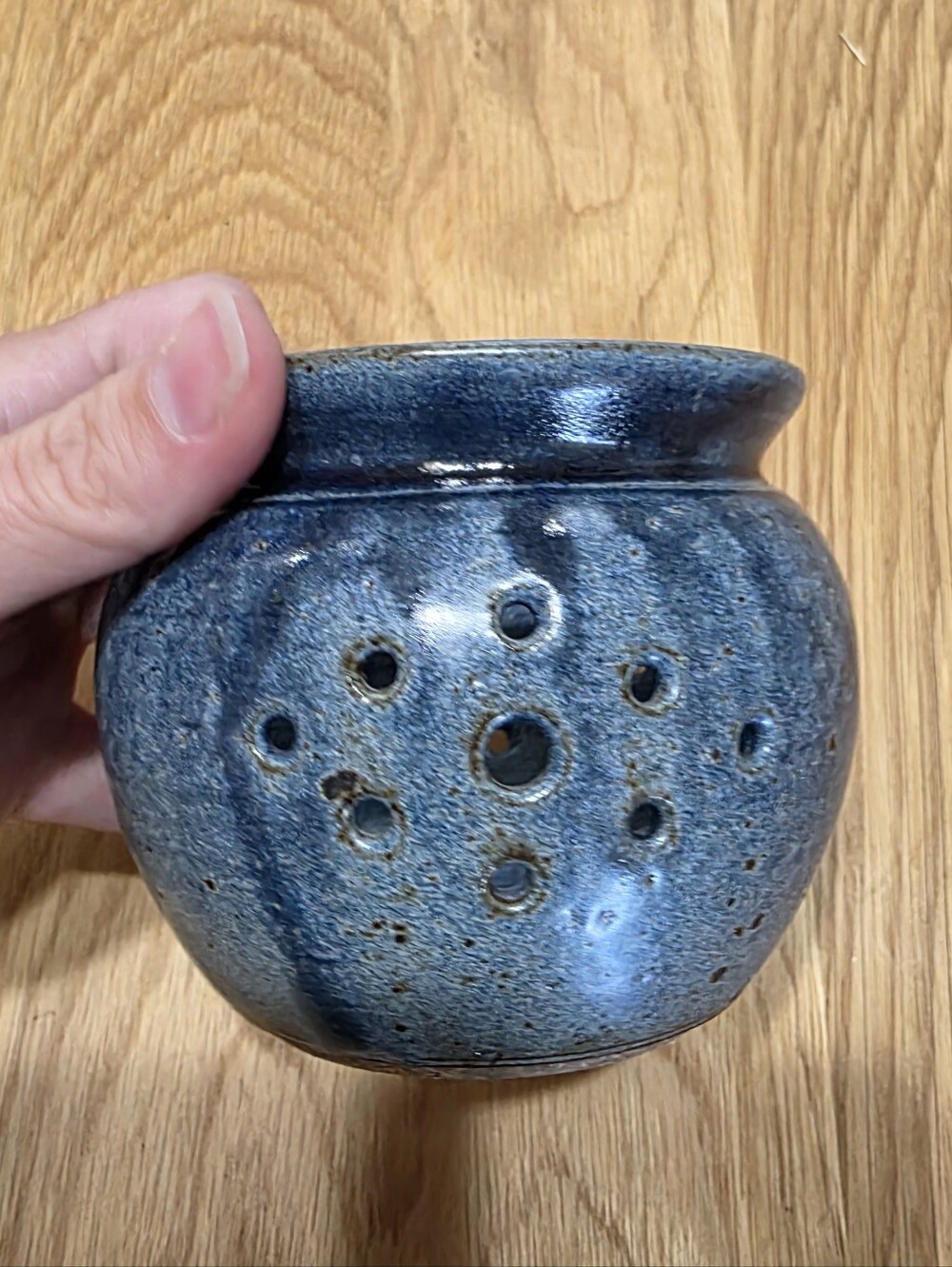 Handcrafted Blue Ceramic Home Art Pot with Decorative Holes Or Herb Stripper